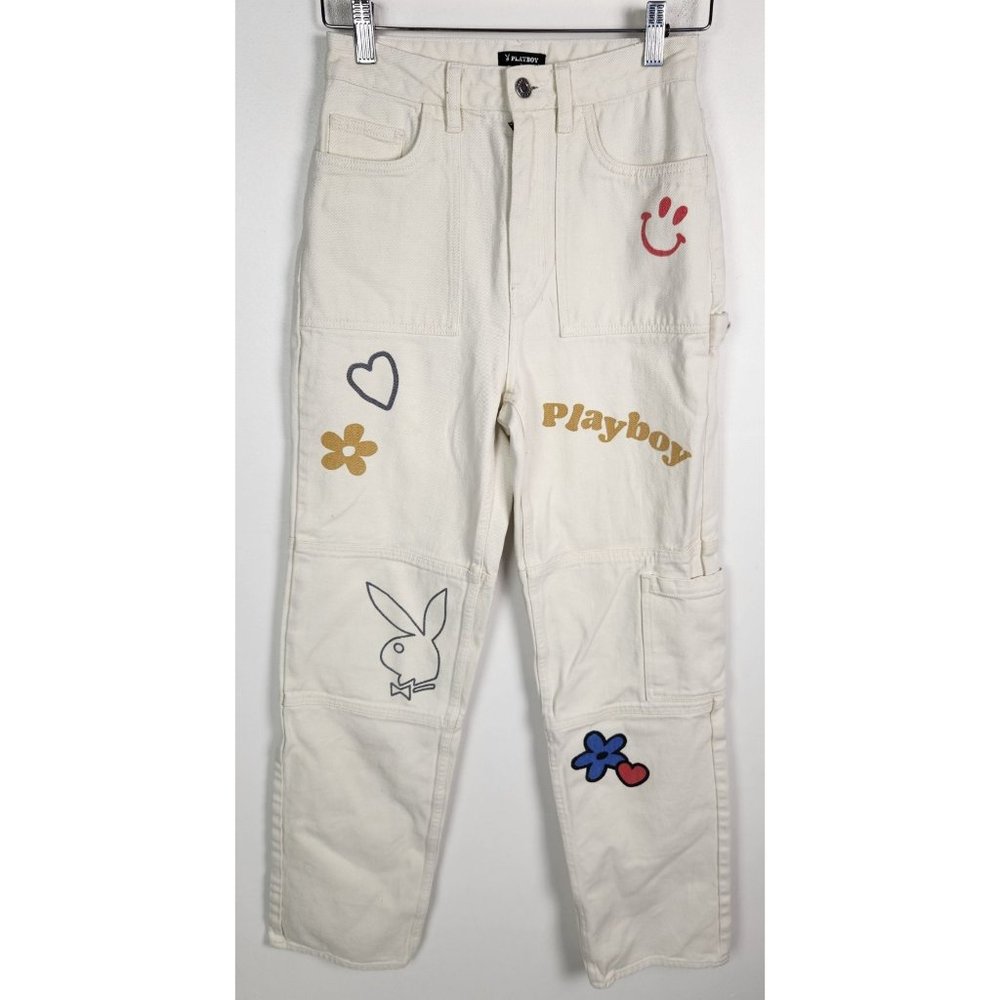 Playboy by Pacsun Women's Sz. 26 White Wide Leg Graffiti Jeans